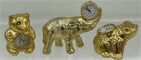 3 Miniature clocks- bear, elephant and frog