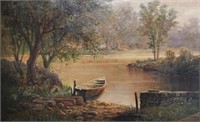 Phillip A Butler 20x32 O/C Country Lake and Boat