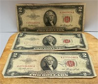 THREE 1953 Red Seal $2 Bills United States Notes