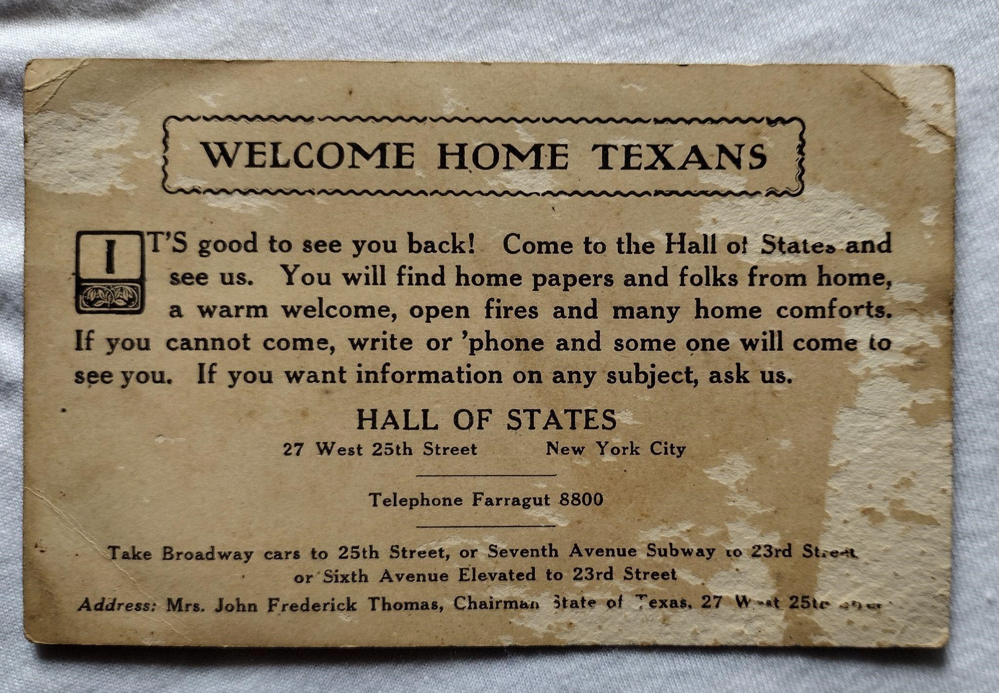 1919 WWI "Welcome Home Texans" Postcard N.Y.