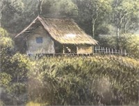 VINTAGE FRAMED WATERCOLOR PICTURE OF HUT