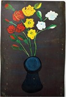 MID CENTURY STILL LIFE FLORAL PAINTING W VASE