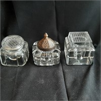 Three Vintage Lidded Glass Inkwells