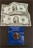 24K Gold Plated Kennedy 1/2 Dollar & 2; 2003 $2