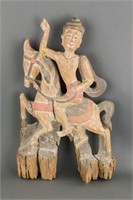Thai Old Wood Carved Man on Horse with Colour