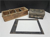 Primitive Cast Iron Frame, Cigar Box & Candy Box