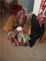 BOX OF CHRISTMAS DECOR AND BAG OF WRAPPING PAPER