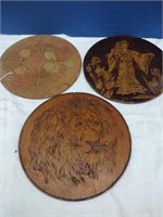 Three Wood Carved Pyrography Wall Decorations x3