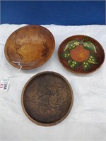Three Wood Carved Pyrography Bowls x3