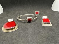 Four Pc Sterling Silver and Red Gem/Stone Jewelry