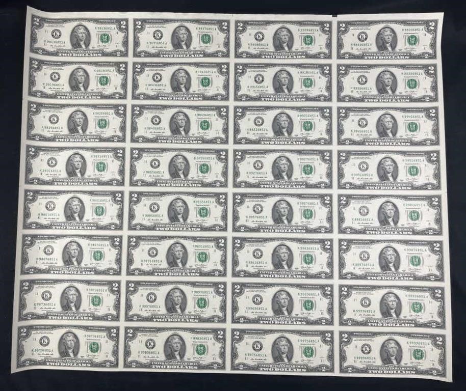 (32) $2 US Bill Uncut Sheet in Tube from Bureau