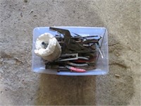 SMALL TUB OF TOOLS - PLIERS, BITS AND OTHERS