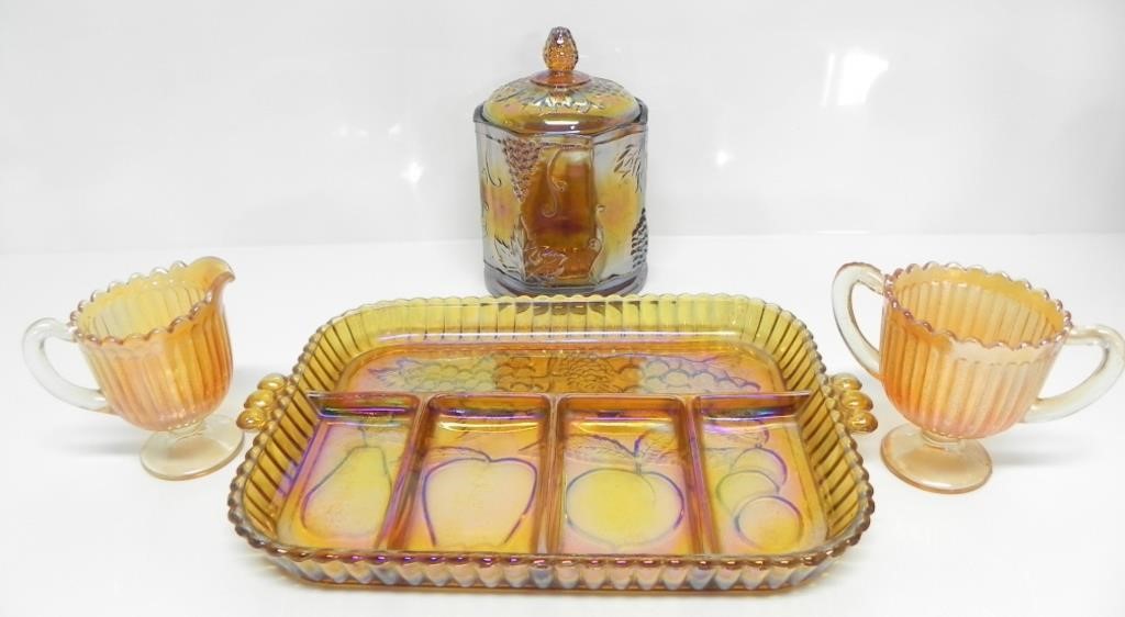 ORANGE CARNIVAL GLASS JAR, TRAY, CREAMER ETC