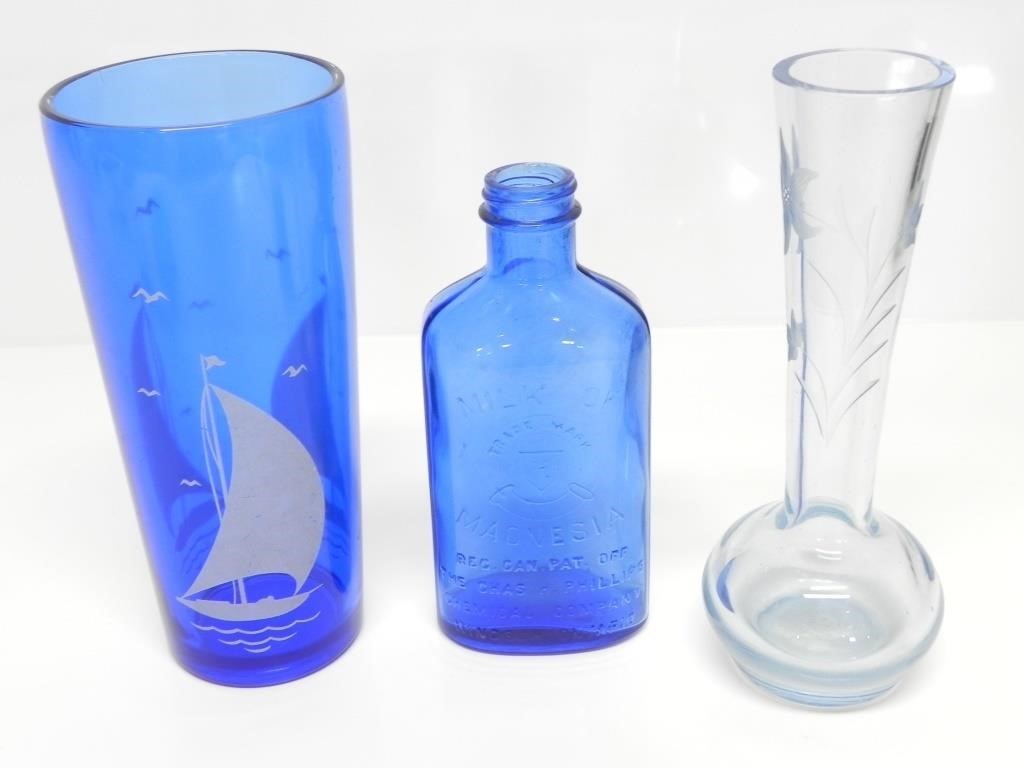 BLUE GLASS CUP, BOTTLE & VASE