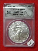 2020 (W) American Eagle ANACS MS70  1 Ounce Silver