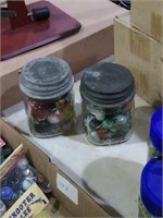 2 small Kerr jars of marbles and shooters