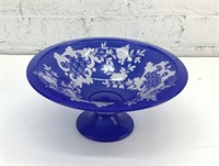 9.5" Etched Blue Glass Compote