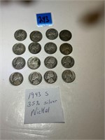Jefferson Nickels 35% silver 1943 s