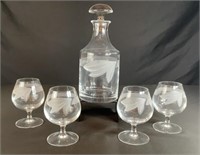 Etched Decanter and Brandy Glasses