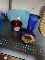 Blue bowl,red cut to clear glass,vase