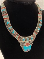 Turquoise & 925 Silver Statement Necklace,