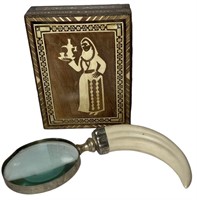Inlaid Wood Lidded Box and Tusk Magnifier