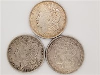 3 Morgan silver dollars: 1882, 1890 O, 1921