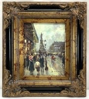 Signed Parisian Street Scene Oil Painting