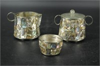 3 pc Mexican Inlaid Abalone Cream, Sugar, Catchall