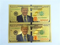 2 Novelty Gold Plated Trump 1000 Dollar Notes