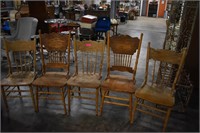 Five Oak Pressed Back Chairs. Need Refininshing