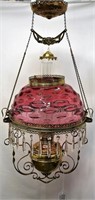 Victorian cranberry bulleyes hanging lamp, 14"
