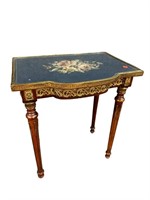 FRENCH BRONZE ADORNED NEEDLEPOINT TOP TABLE