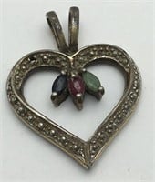 Sterling Heart Pendant W Colored Stones