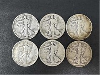 Six Walking Liberty Half Dollars