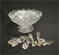 Cut glass bowl & a quantity of crystal stoppers