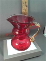 Crackled glass red Art Deco pitcher handmade with