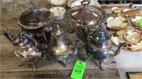 Victorian silver plate teapots, fondu pots