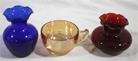 3 Vintage colored glass items