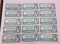 15x 1954 $1 Canadian Bills