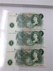 3 Mint Consecutive Pound Notes British