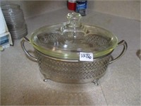 Glass Pyrex Dish With Silver Carrier.