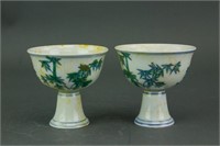 Pair Chinese Ducai Bamboo Porcelain Stem Cups