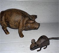 Cast Iron Hog Piggy Bank and Mouse Figure Small