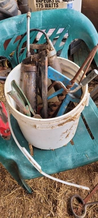 bucket & contents - grease guns. etc