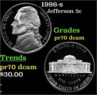 Proof 1996-s Jefferson Nickel 5c Grades GEM++ Proo