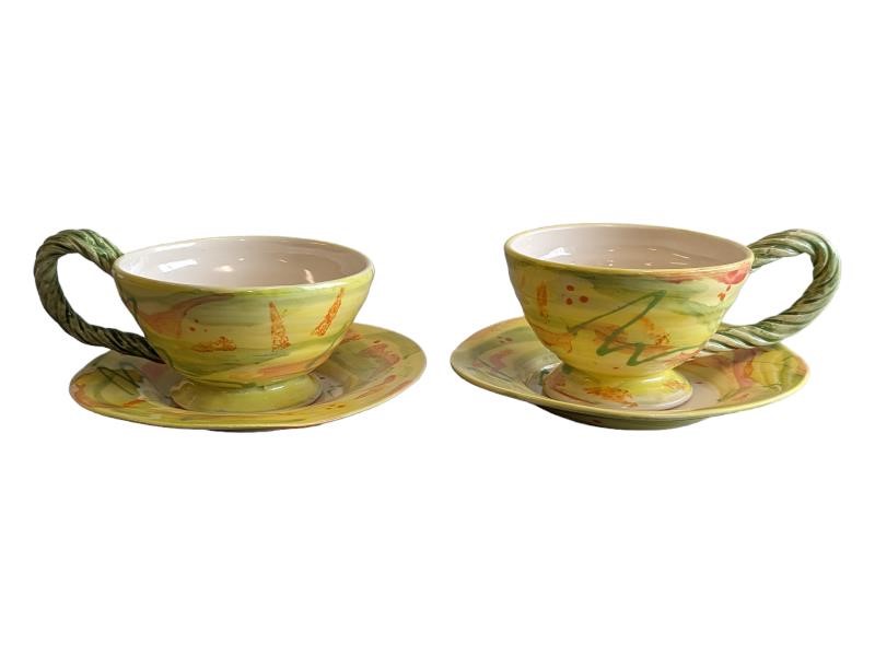 Yellow & Green Tea Cup & Saucers