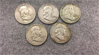 5 Franklin Half Dollars- Various Dates