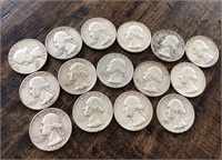 15 Silver Washington Quarters- Various Dates