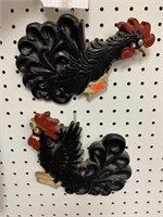 2 VINTAGE PLASTER ROOSTER 9 “ WALL PLAQUES